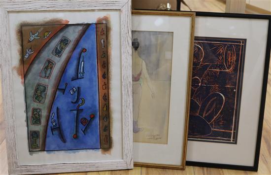Two gouaches by Ian Richards, Park bench, Tunis and Fleurs du Printemps,